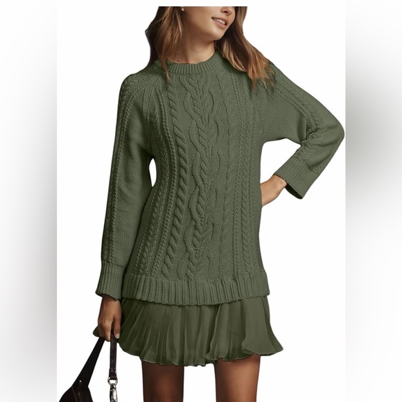 None Dresses & Skirts - 🆕Twofer Style Cable Knit Crewneck Long Sleeve Pleated Mini Dress